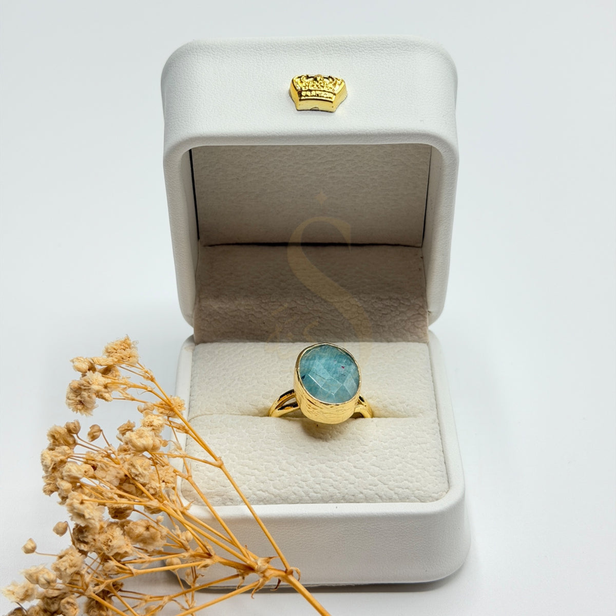Natural aquamarine gold plated adjustable ring, front view