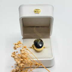 Grey Labradorite gold plated natural stone ring in a Sakinah presentation box, front view