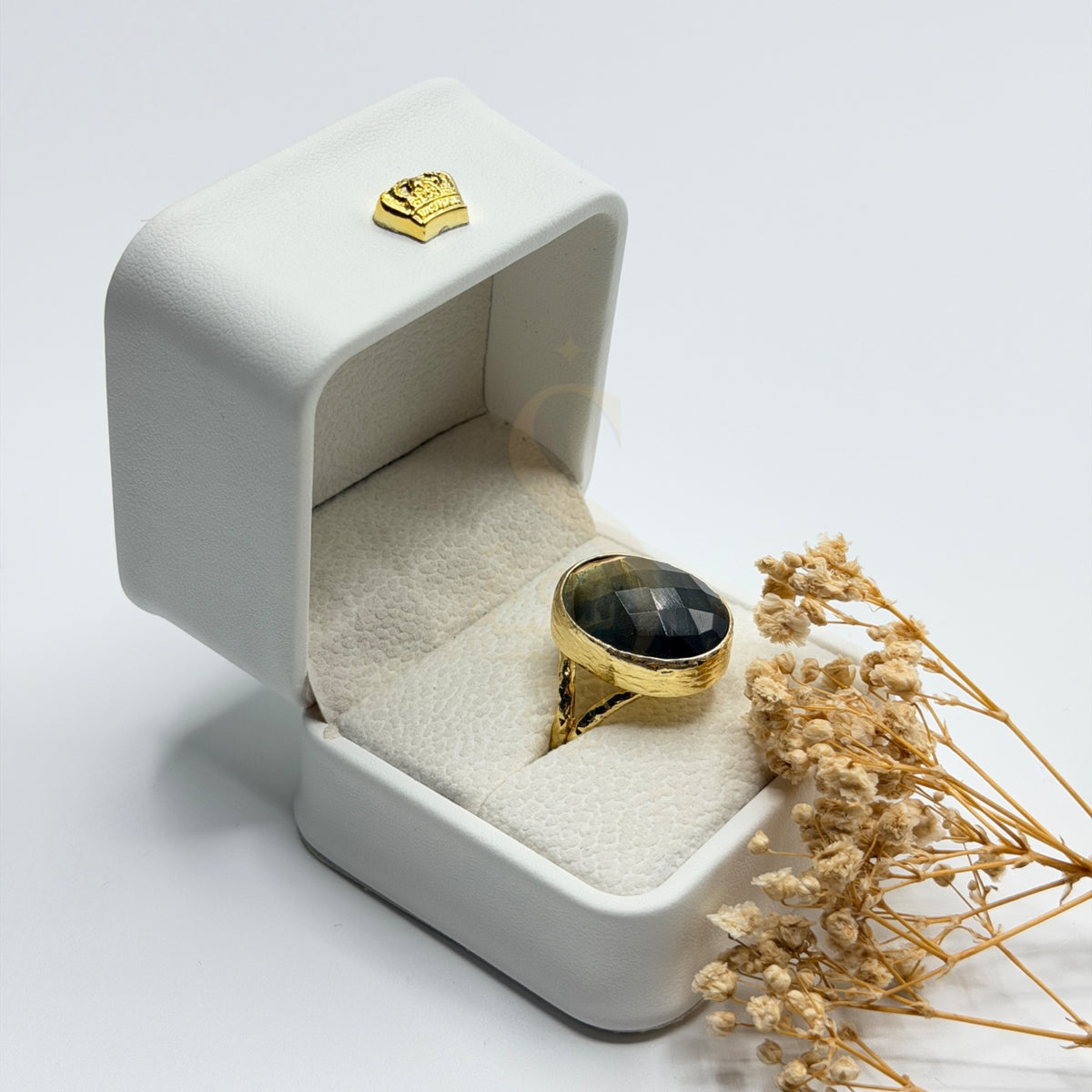 Grey Labradorite gold plated natural stone ring in a Sakinah presentation box, angled view