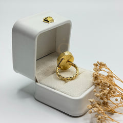 Grey Labradorite natural stone ring showing the gold plated band and handmade setting