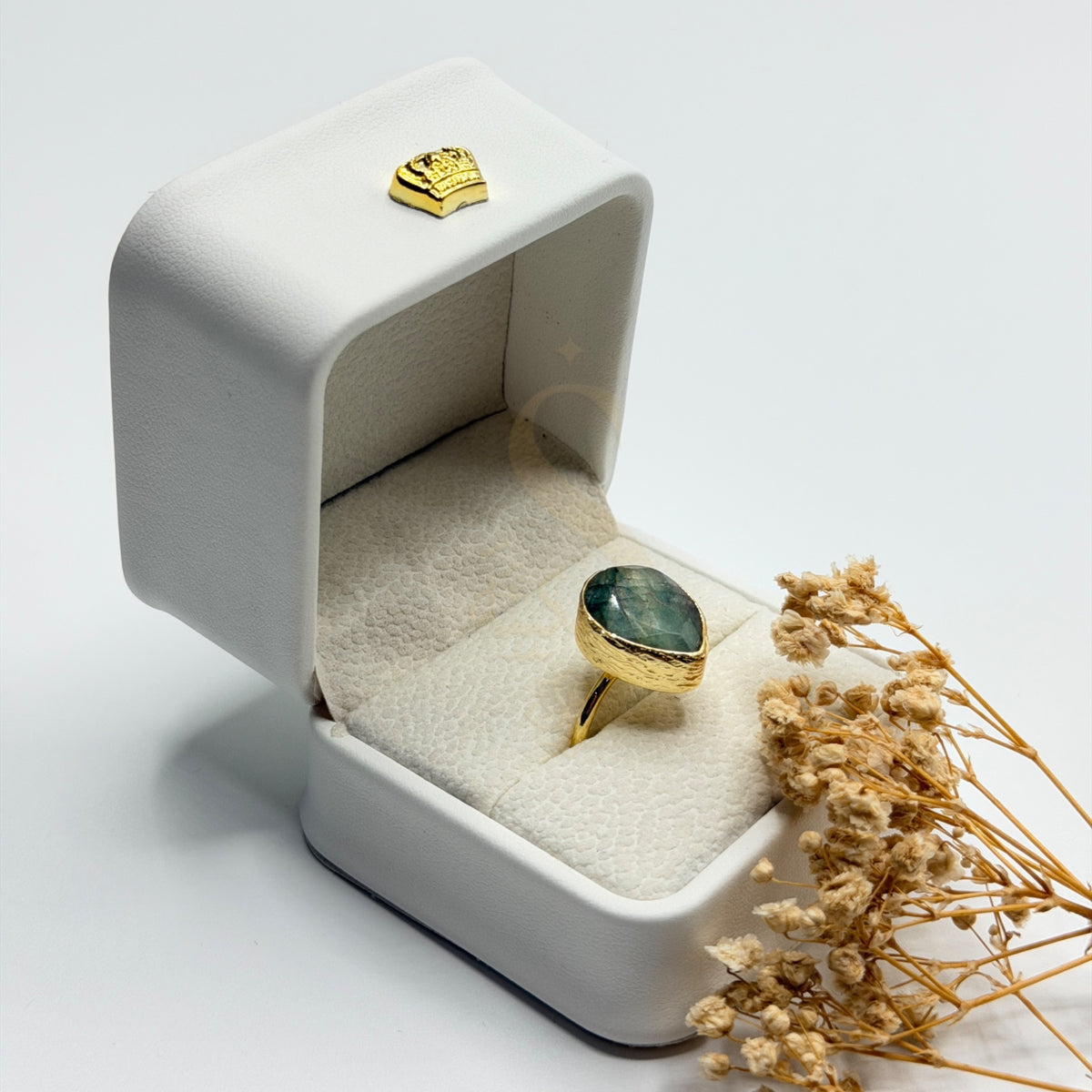 Green Kyanite gold plated natural stone ring in a Sakinah presentation box, angled view