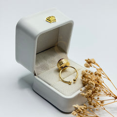 Round Natural Ruby statement ring showing the adjustable gold plated band