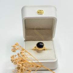 Faceted Black Onyx natural stone ring in a Sakinah presentation box, front view