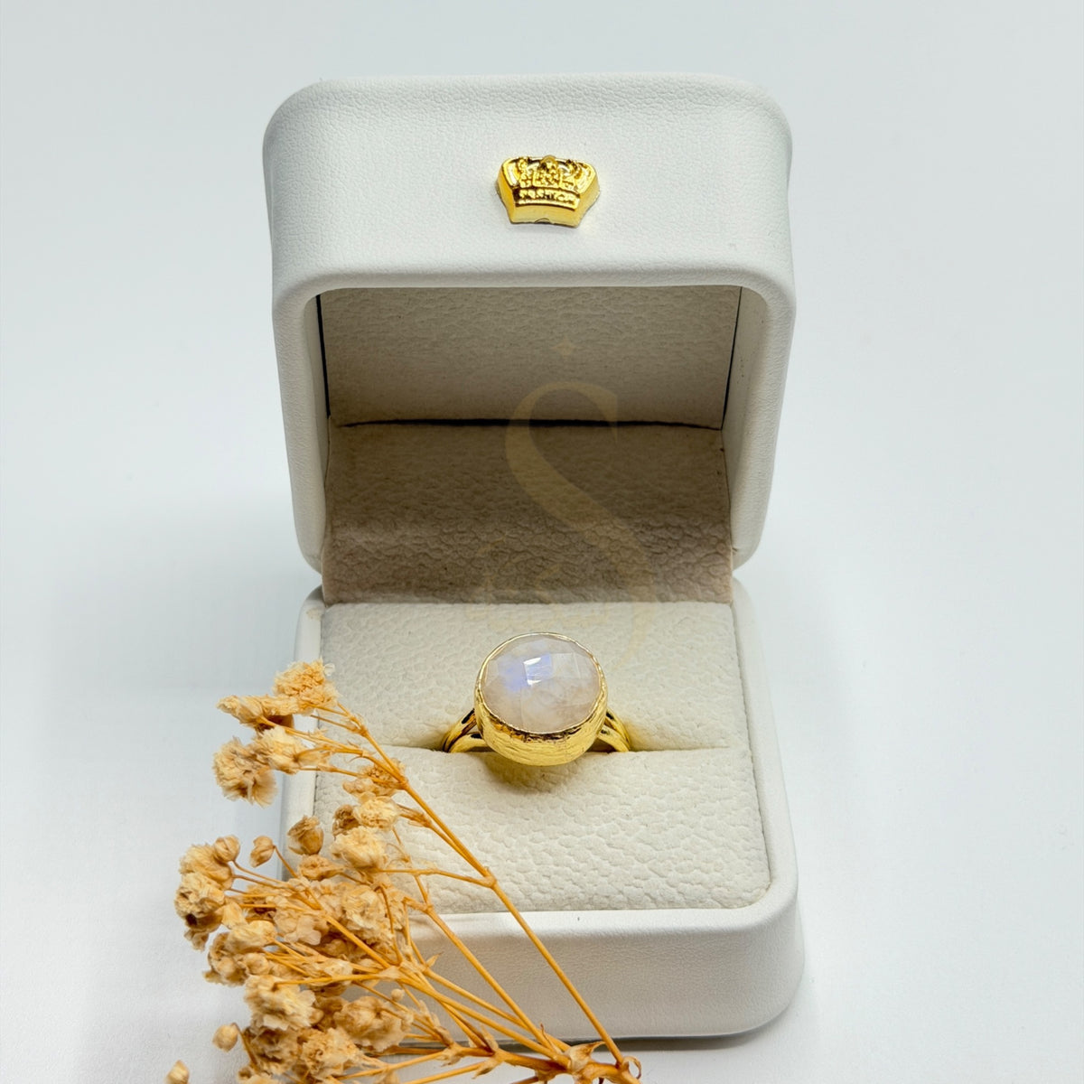 Rainbow Moonstone statement ring in a Sakinah presentation box, front view