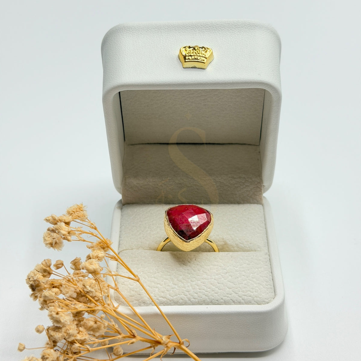 Heart Shaped Natural Ruby statement ring in a Sakinah presentation box, front view