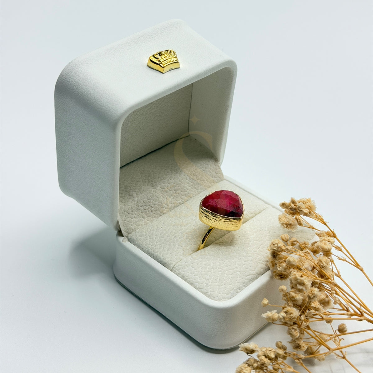 Heart Shaped Natural Ruby statement ring in a Sakinah presentation box, angled view