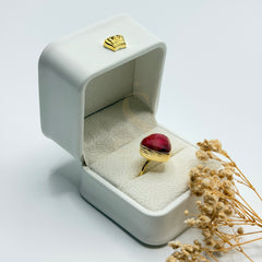 Heart Shaped Natural Ruby statement ring in a Sakinah presentation box, angled view