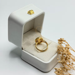 Honey Calcite natural stone ring showing the gold plated band