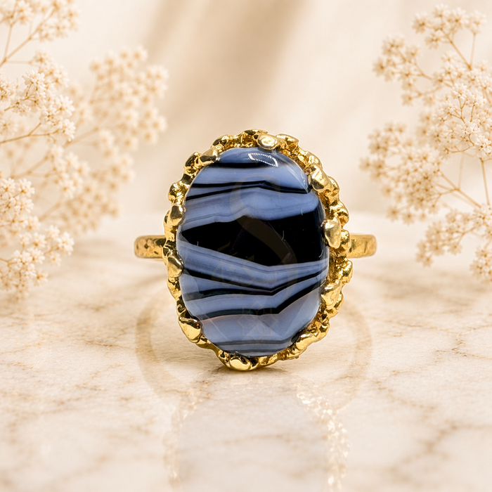 Black and White Sulemani Aqeeq Natural Stone Ring