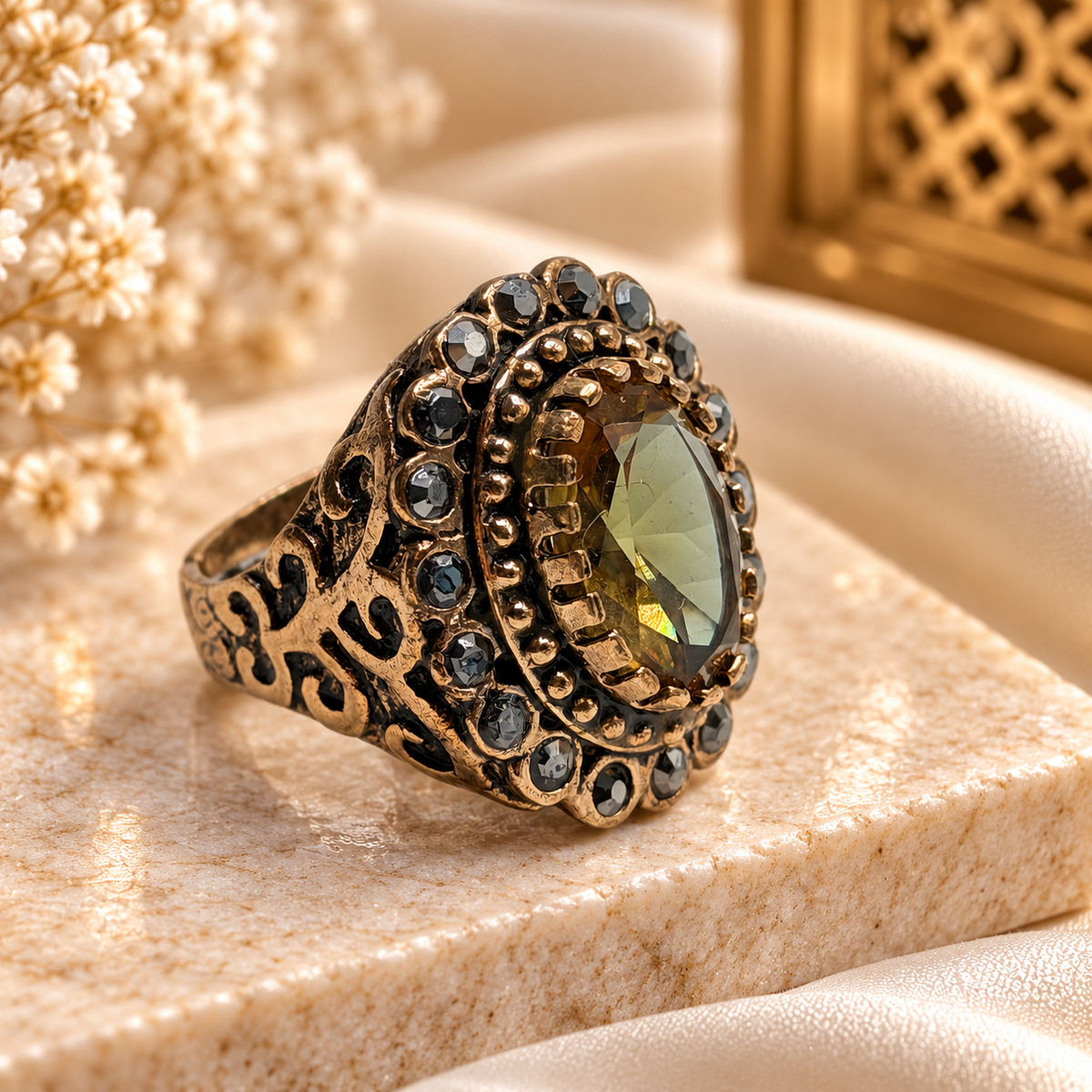 Gulfem Sultan Zultanite ring in an antique finish brass setting