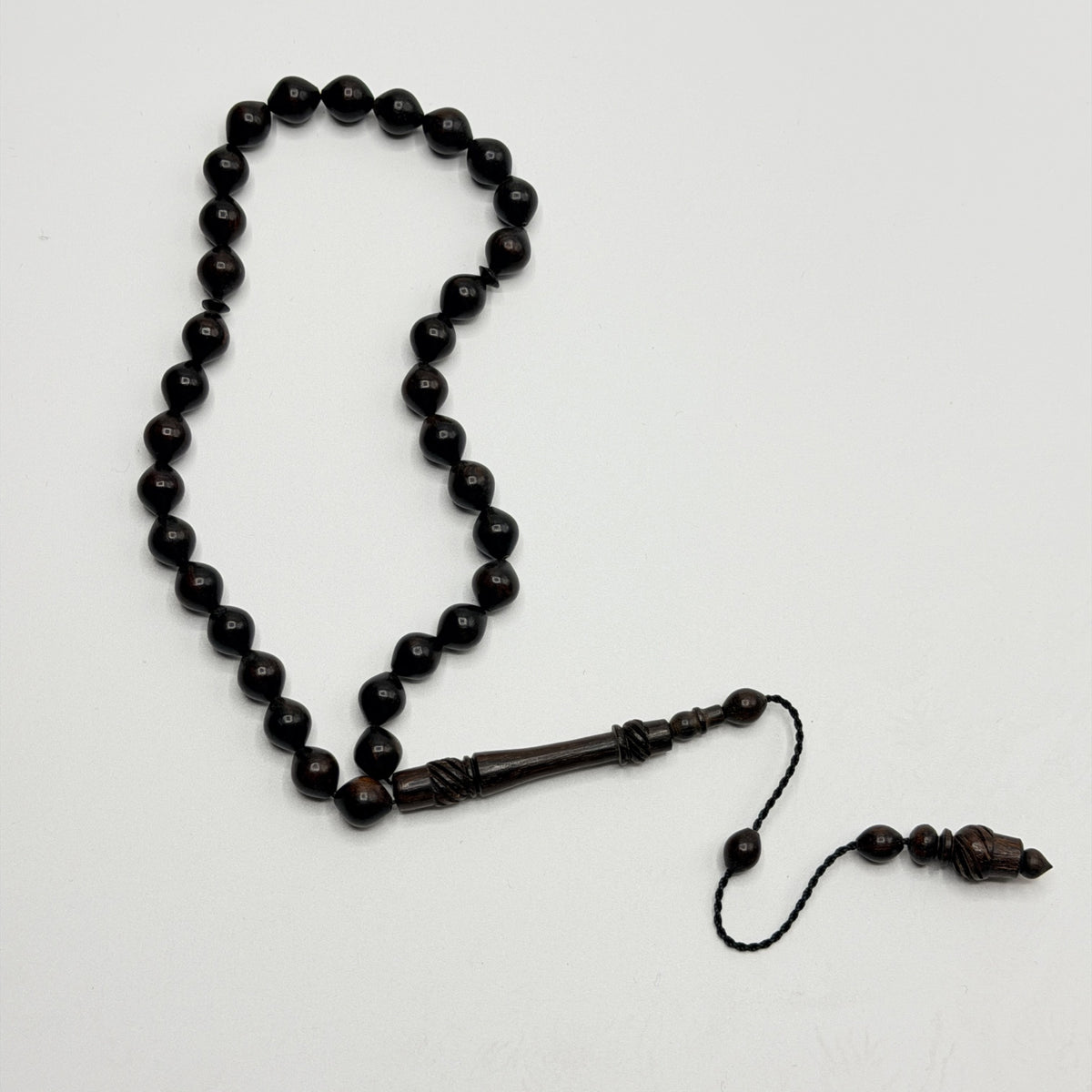 Full length ebony 33 bead Tasbih with carved wooden details