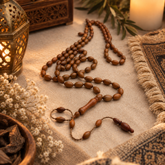 Handmade Kuka wood 99 bead Tasbih in a warm dhikr setting