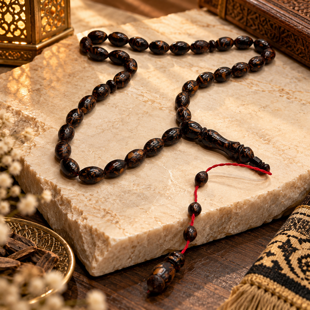 Handmade cinnamon wood 33 bead tasbih on a cream studio background