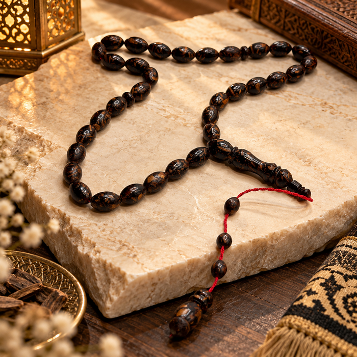 Handmade cinnamon wood 33 bead tasbih on a cream studio background