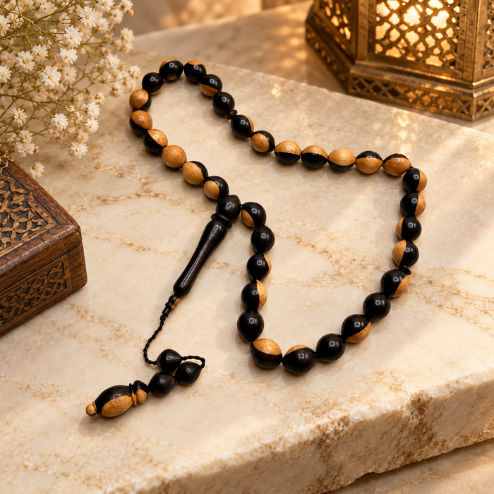 Handmade two-tone ebony wood 33 bead tasbih on a cream studio background