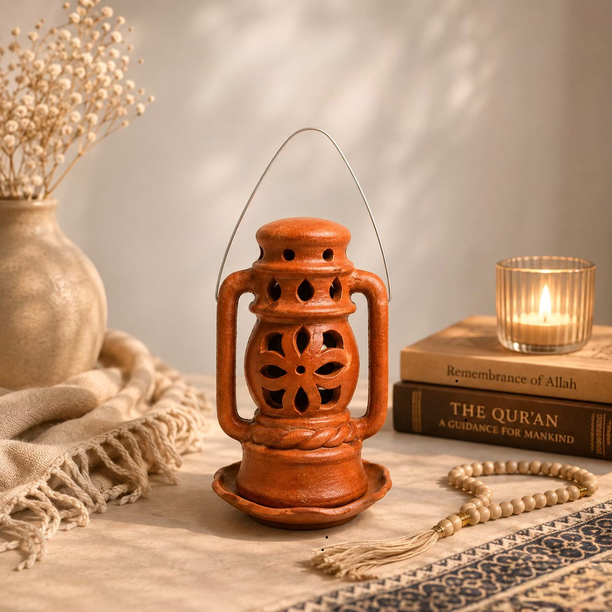 Zikr Lantern styled with prayer beads and Islamic books