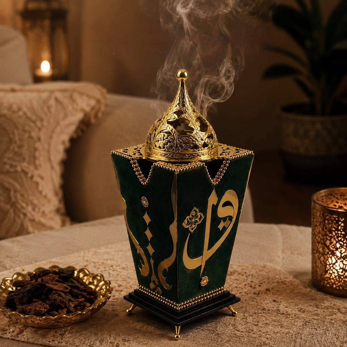 Royal Bakhoor Burner in emerald green velvet and gold tone detailing