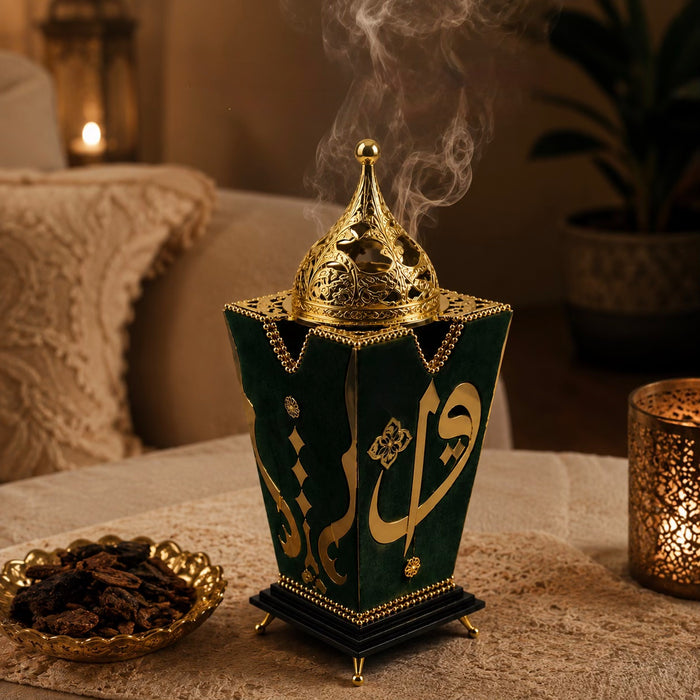 Royal Bakhoor Burner in emerald green velvet and gold tone detailing