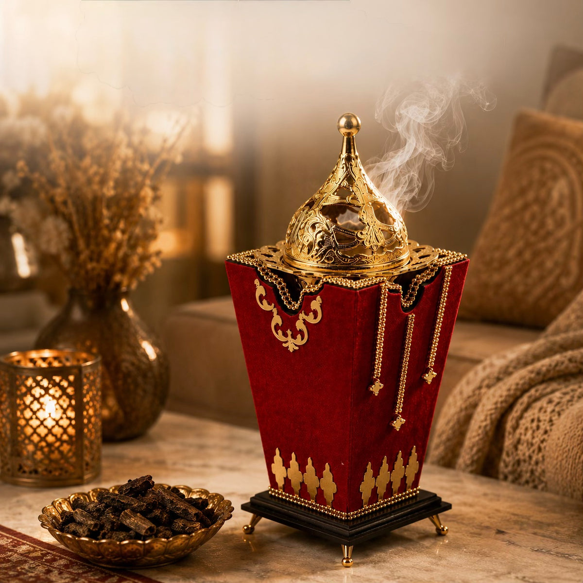 Majestic Bakhoor Burner styled with fragrant bakhoor in a warm home setting