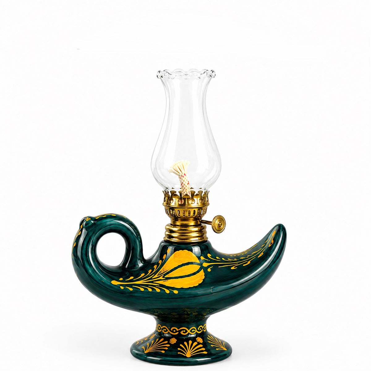 Wisdom Lamp in deep green with gold floral decoration and a clear glass chimney