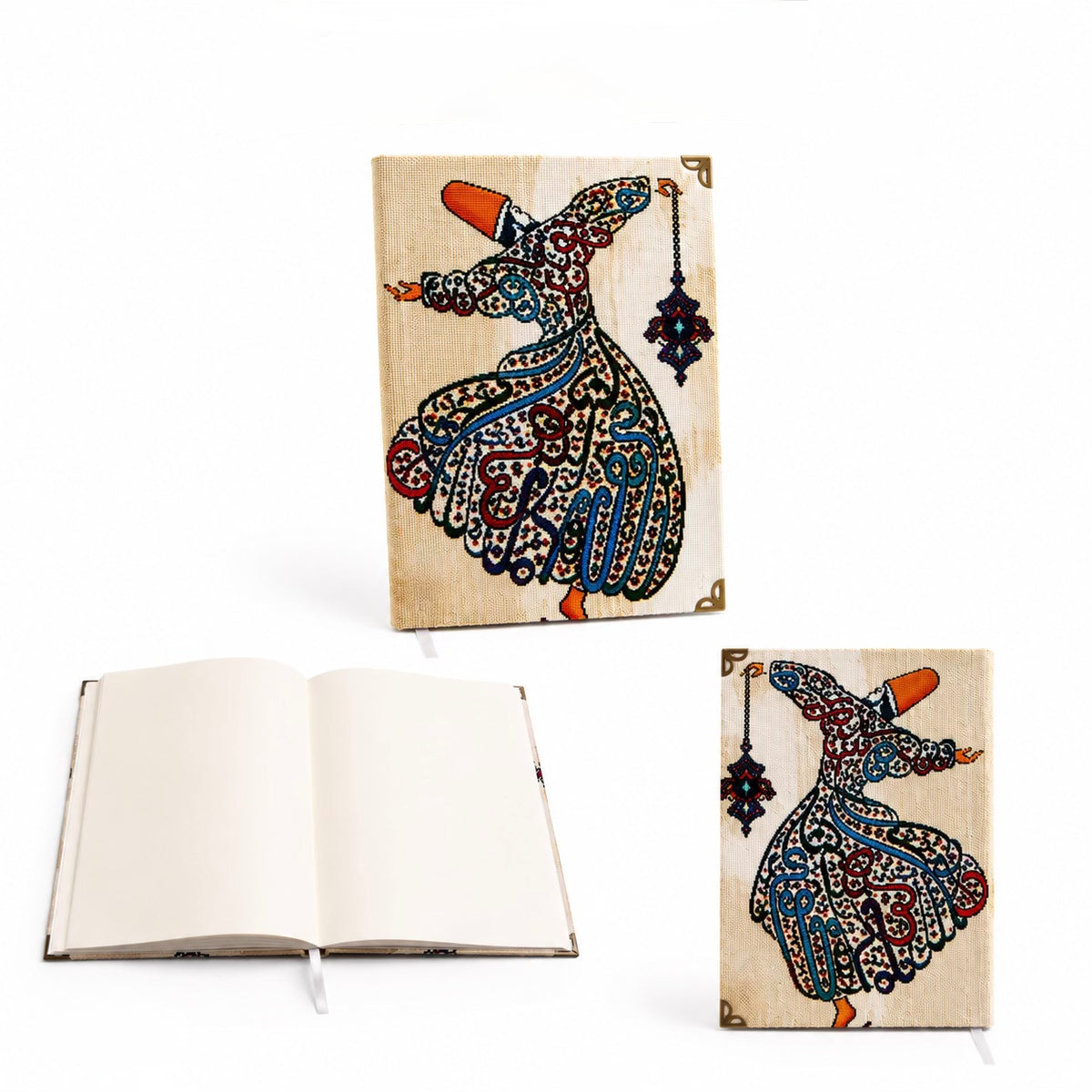 Sufi A5 notebook with patterned whirling dervish cover shown open and closed