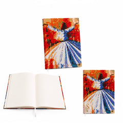 Dervish A5 notebook with vibrant whirling dervish artwork shown open and closed