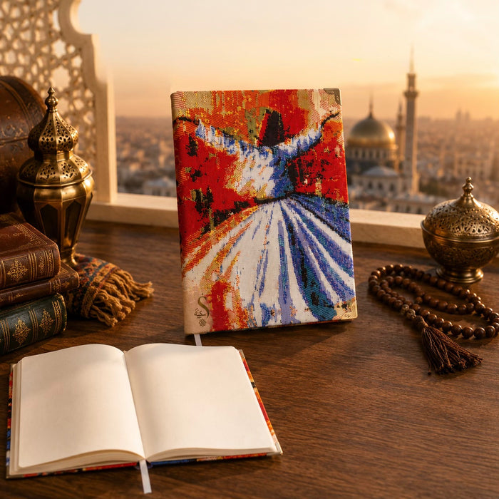 Dervish A5 notebook styled with books, lanterns and tasbih at sunset