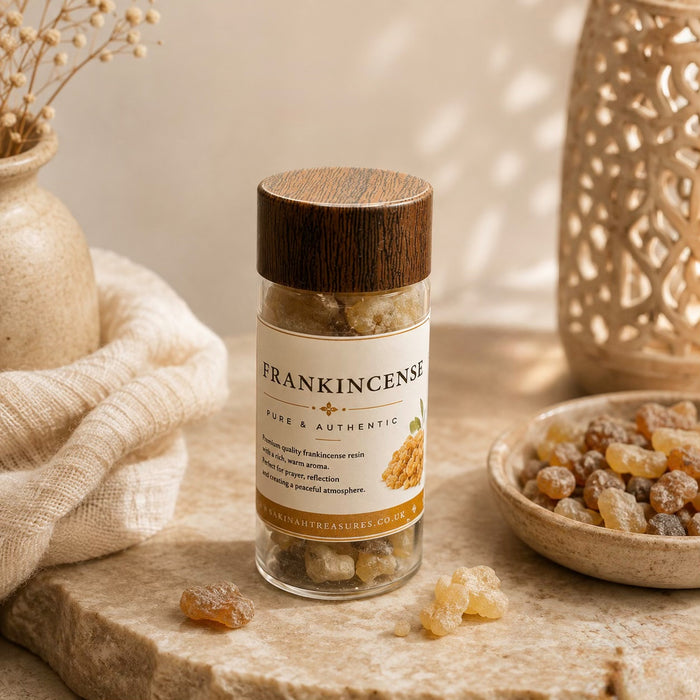 Pure frankincense resin jar styled with natural resin tears in warm light