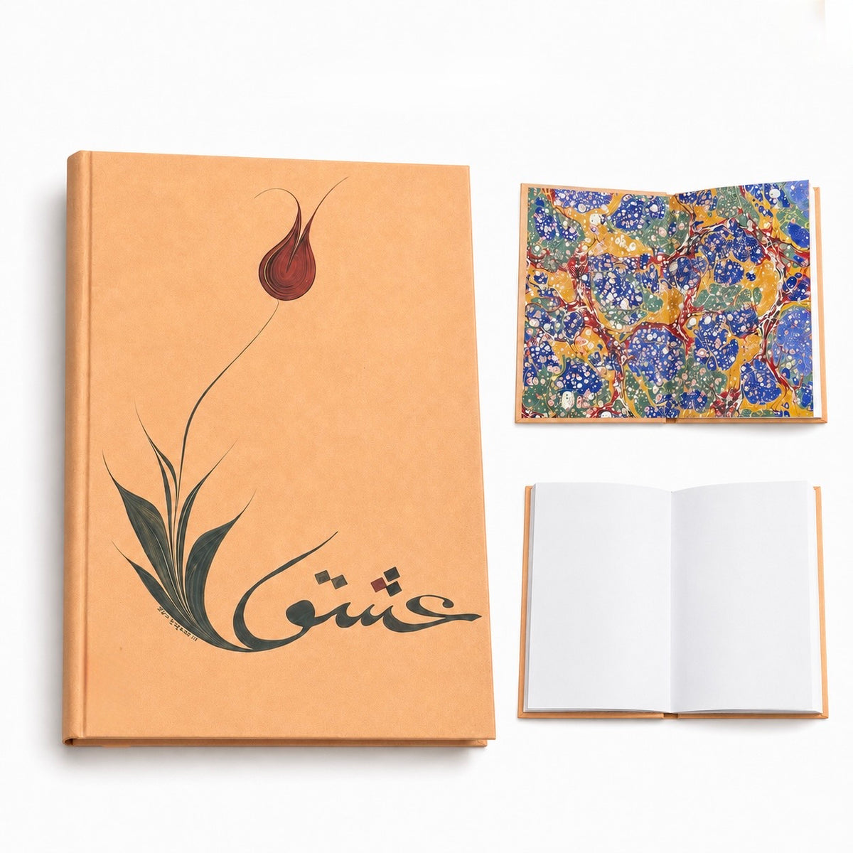 Tulip Aşk A5 notebook with decorative marbled endpapers and plain pages