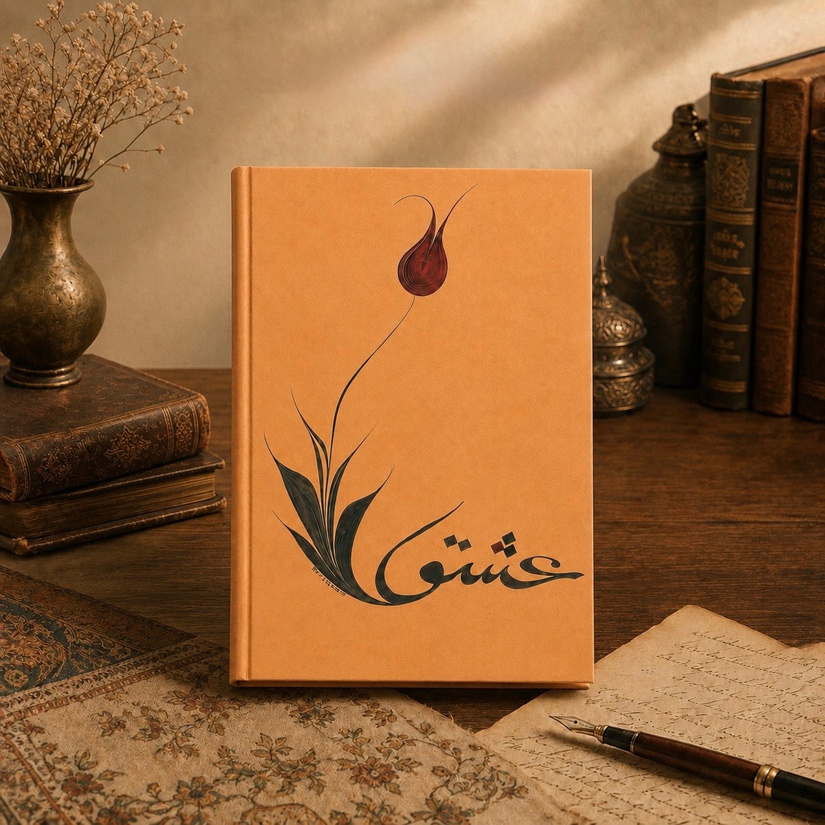 Tulip Aşk A5 notebook styled with books and writing paper