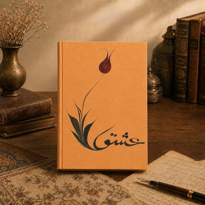 Tulip Aşk A5 notebook styled with books and writing paper