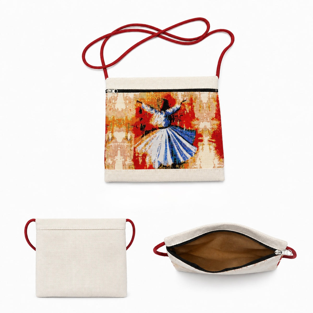 Small cream dervish crossbody bag with red strap, reverse view and zipped interior