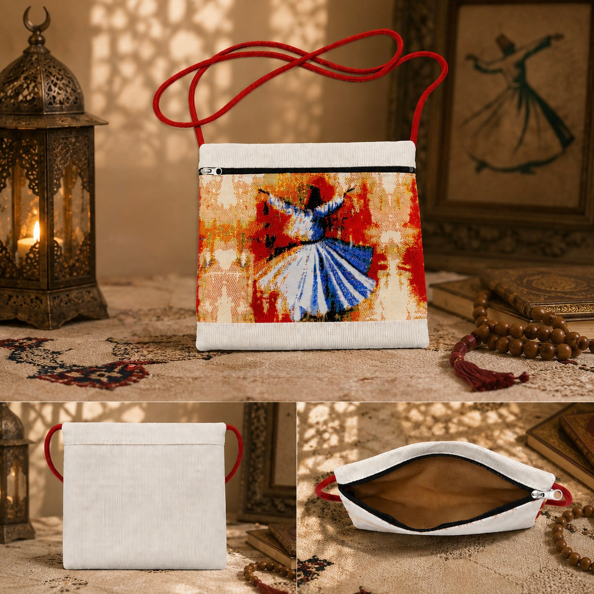 Small dervish crossbody bag styled with a lantern, books and tasbih