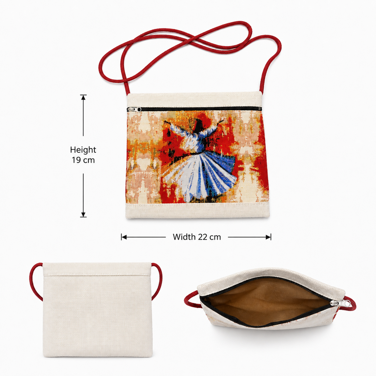 Small dervish crossbody bag measurements showing 22 cm width and 19 cm height