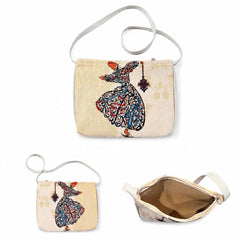 Medium cream Sufi shoulder bag with whirling dervish design, reverse view and zipped interior