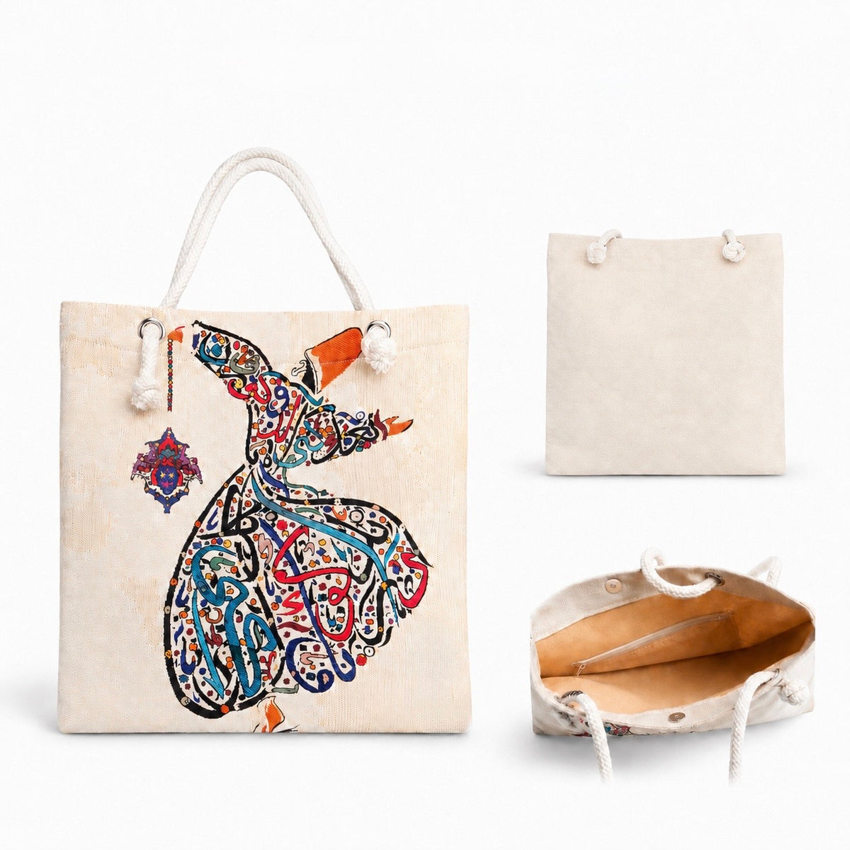 Large cream Sufi tote bag with colourful whirling dervish design, reverse view and lined interior
