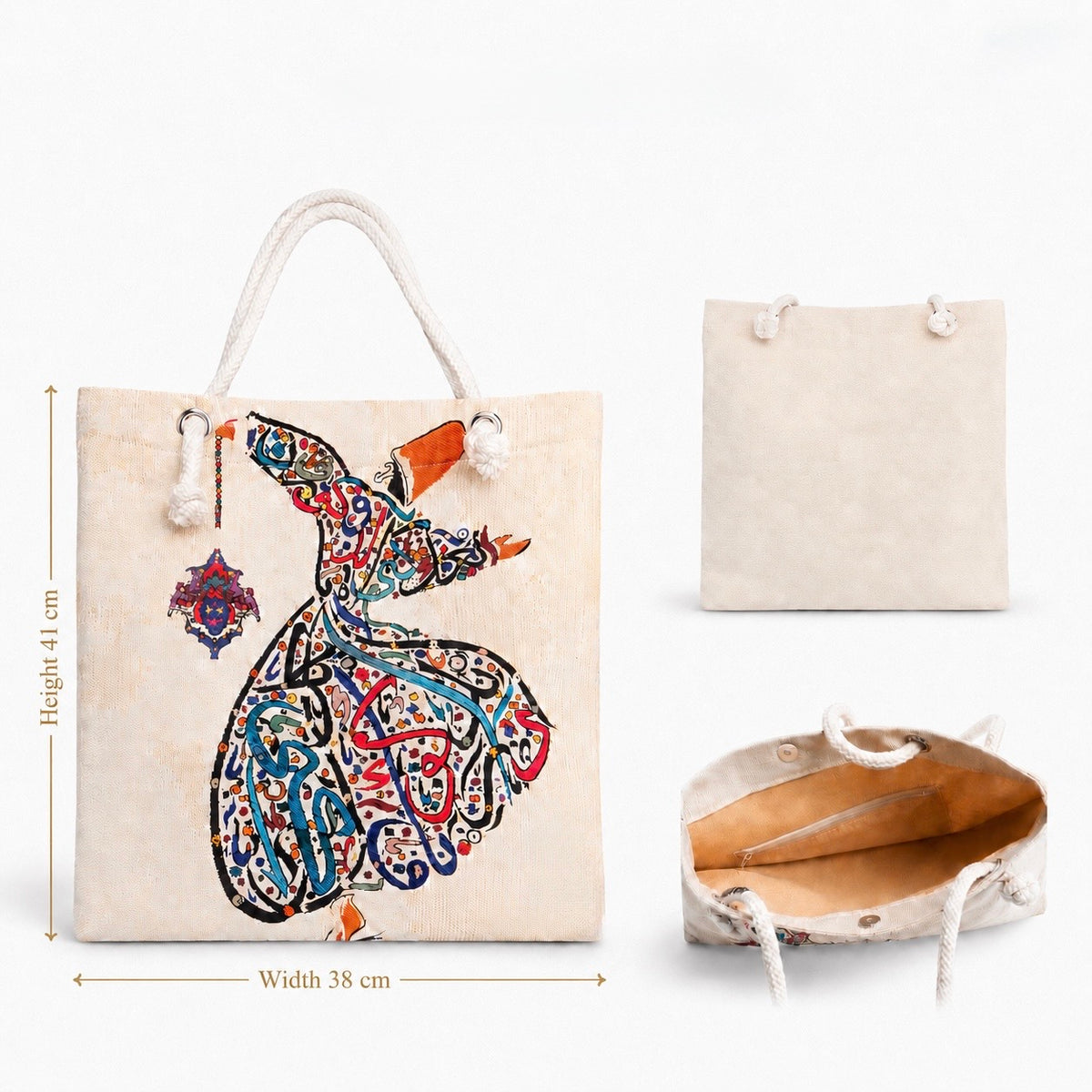 Large Sufi tote bag measurements showing 38 cm width and 41 cm height
