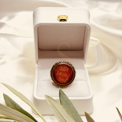 Prophetic Seal calligraphy red aqeeq ring presented in a white Sakinah ring box