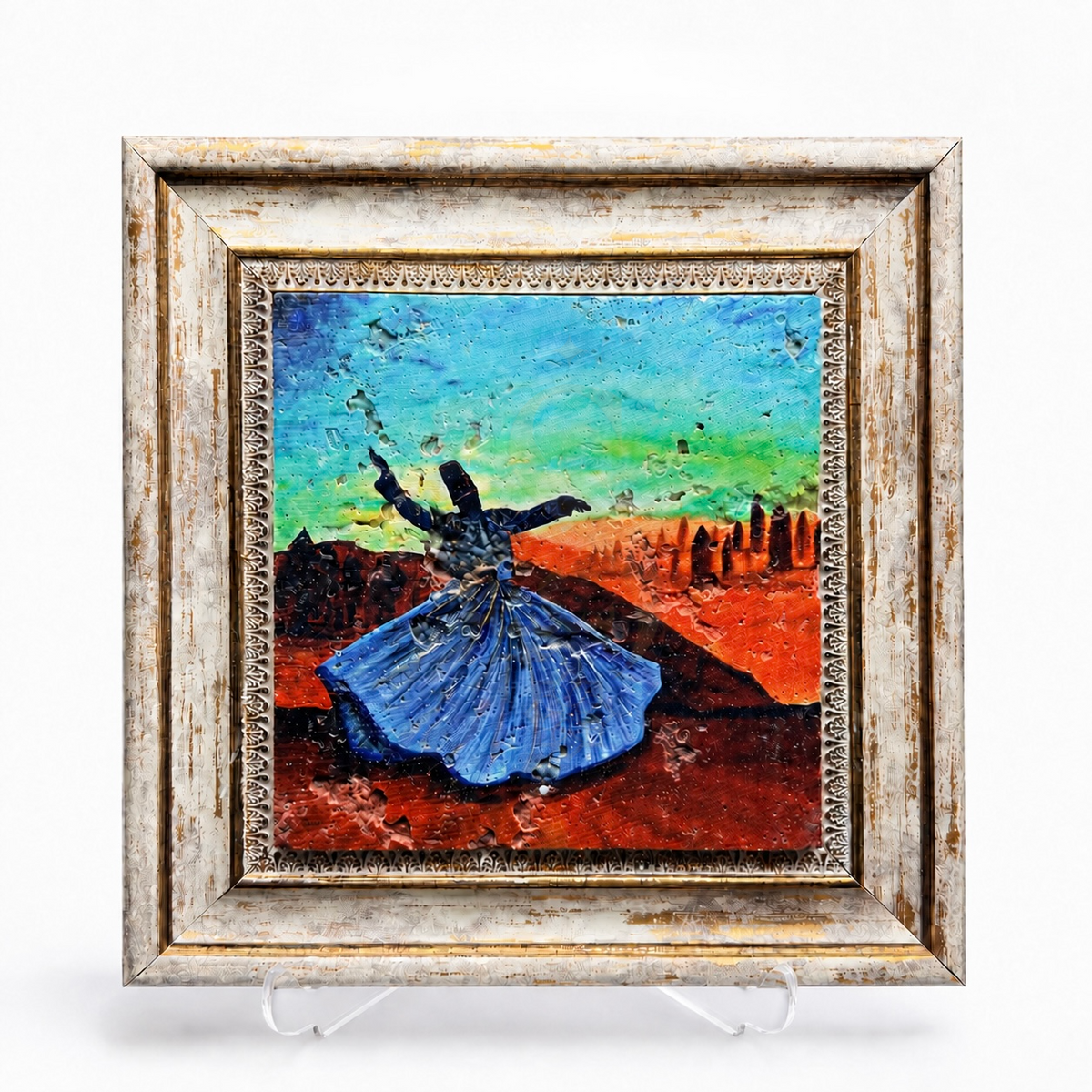 Whirling dervish scene professionally printed on genuine marble in a wooden frame