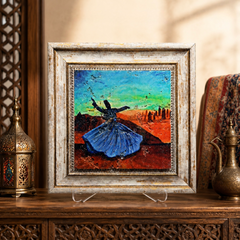Dervish Horizon printed marble artwork displayed on a table stand in an Ottoman inspired interior