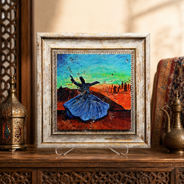 Dervish Horizon printed marble artwork displayed on a table stand in an Ottoman inspired interior