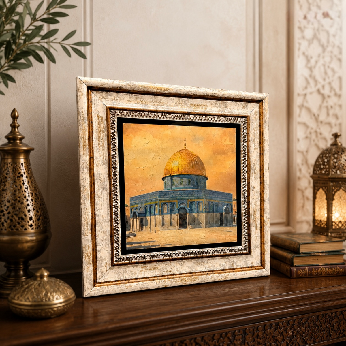 Al Aqsa printed marble artwork displayed on a table stand in an Islamic inspired interior
