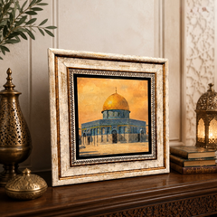 Al Aqsa printed marble artwork displayed on a table stand in an Islamic inspired interior