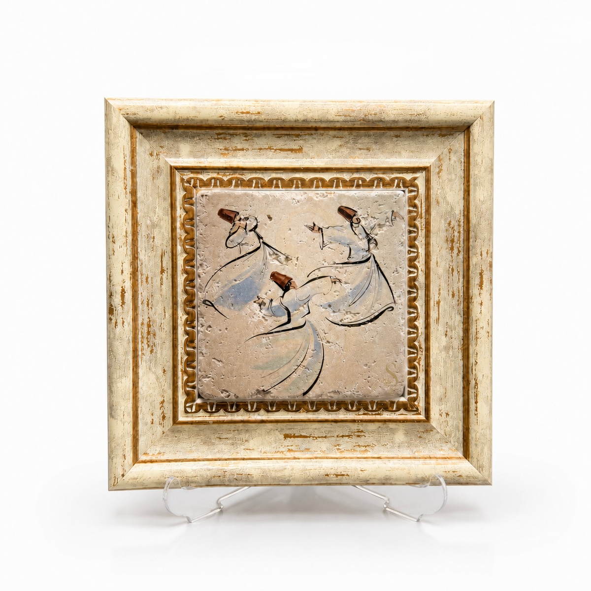 Three whirling dervishes professionally printed on genuine marble in a wooden frame