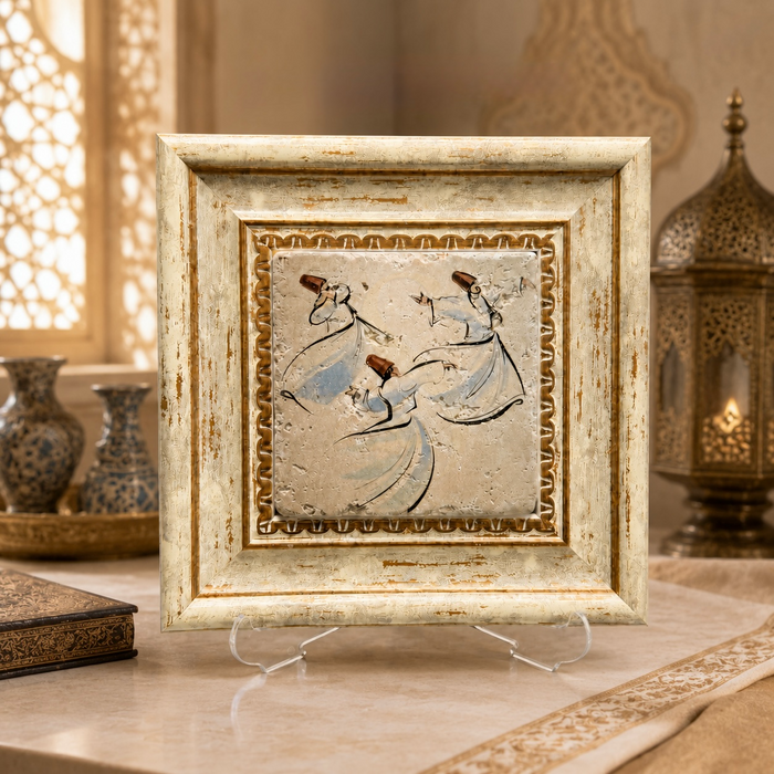 Whirling Dervish printed marble artwork displayed on a table stand in an Ottoman inspired interior