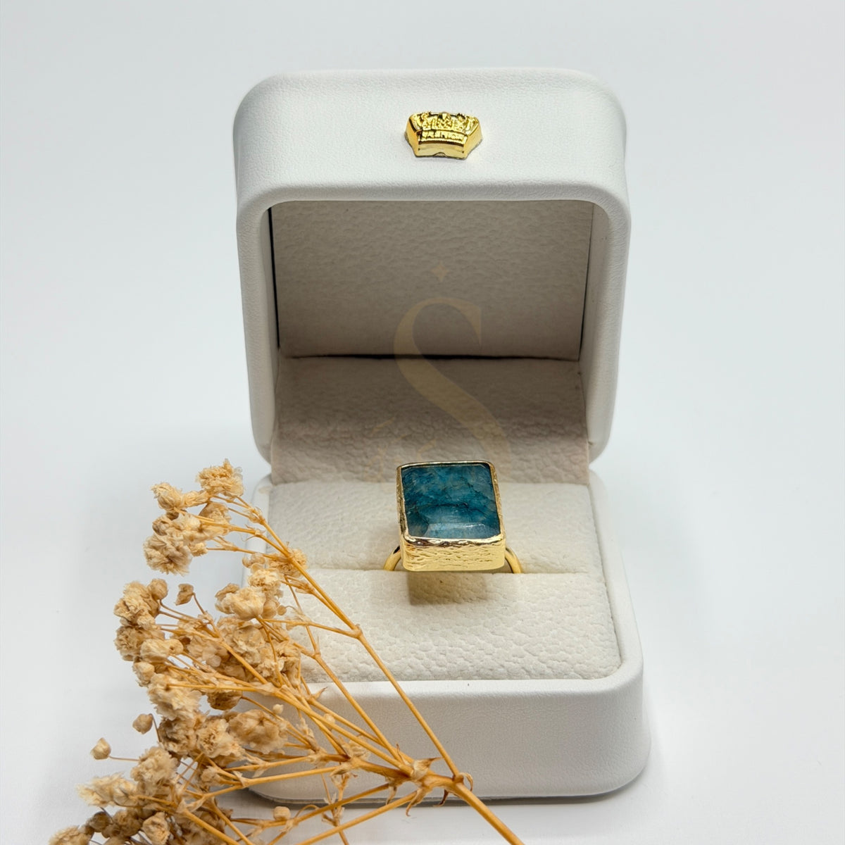 Handmade Blue Green Apatite statement ring presented in a white Sakinah luxury box