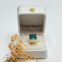 Handmade Blue Green Apatite statement ring presented in a white Sakinah luxury box