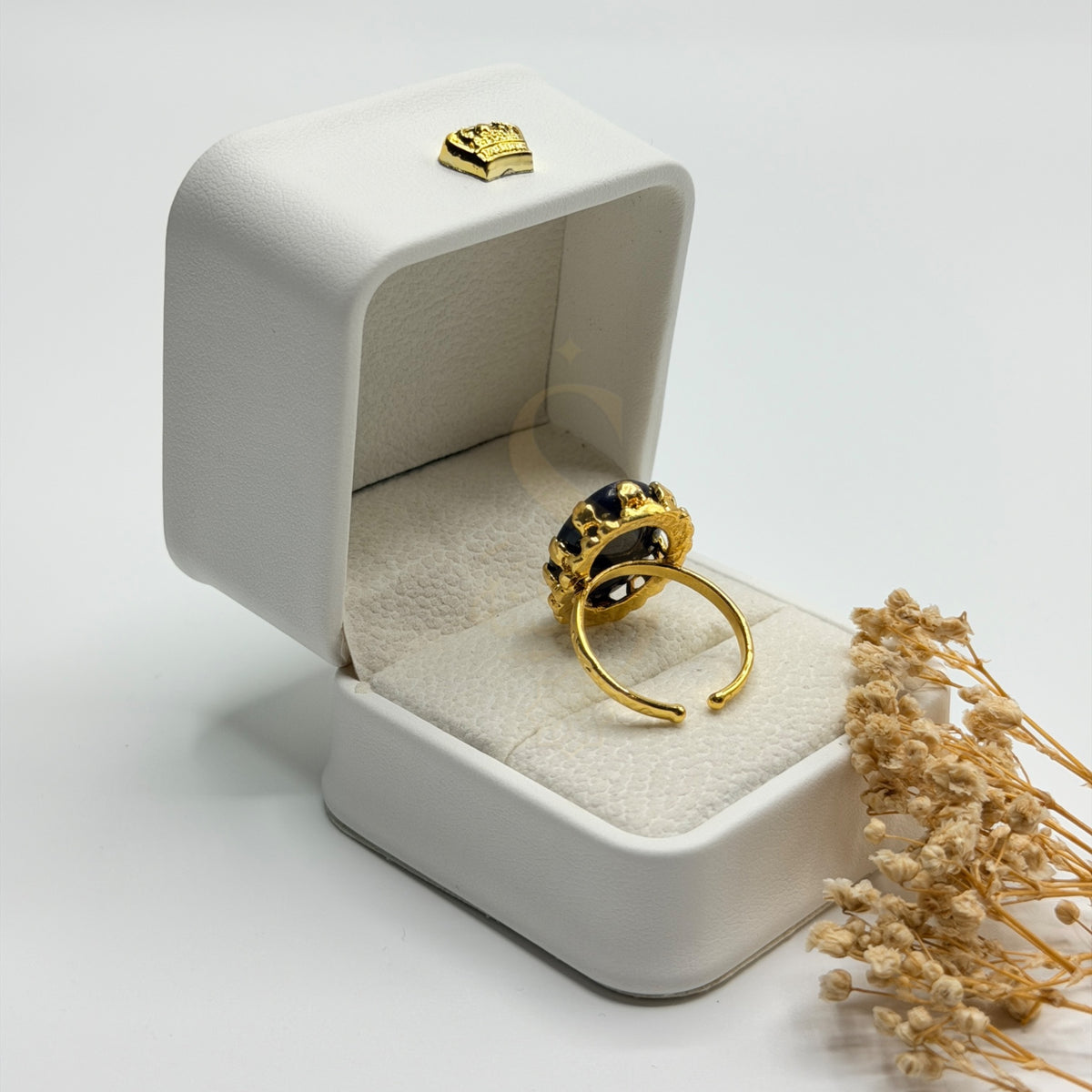 Rear view of the Natural Amethyst ring showing its adjustable gold plated band