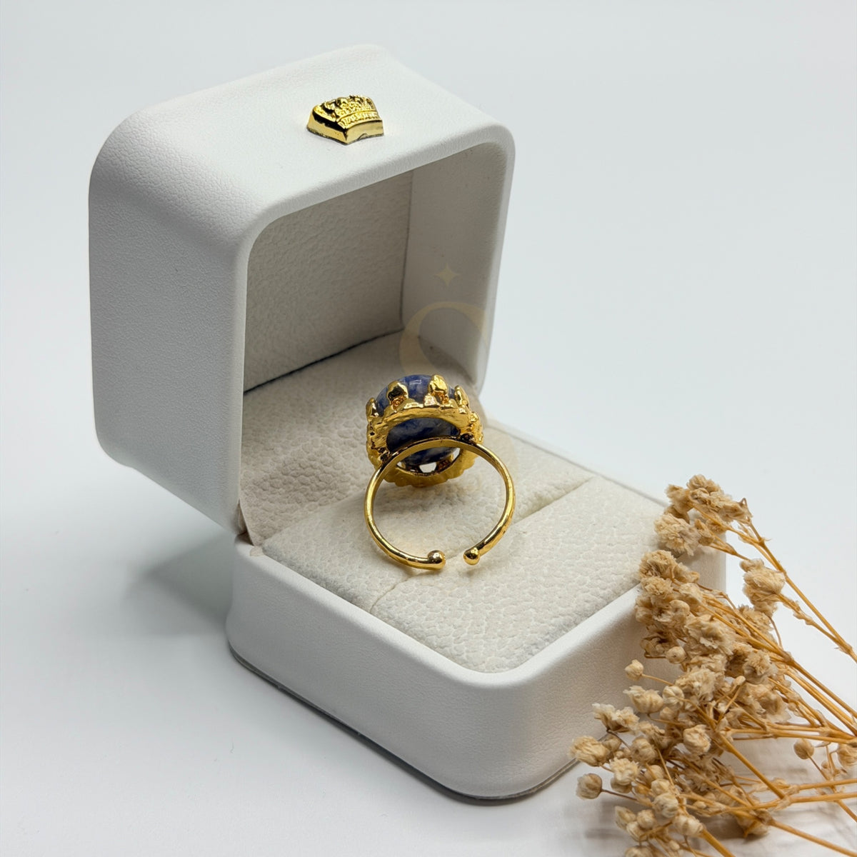 Rear view of the Natural Blue Sodalite ring showing its adjustable gold plated band