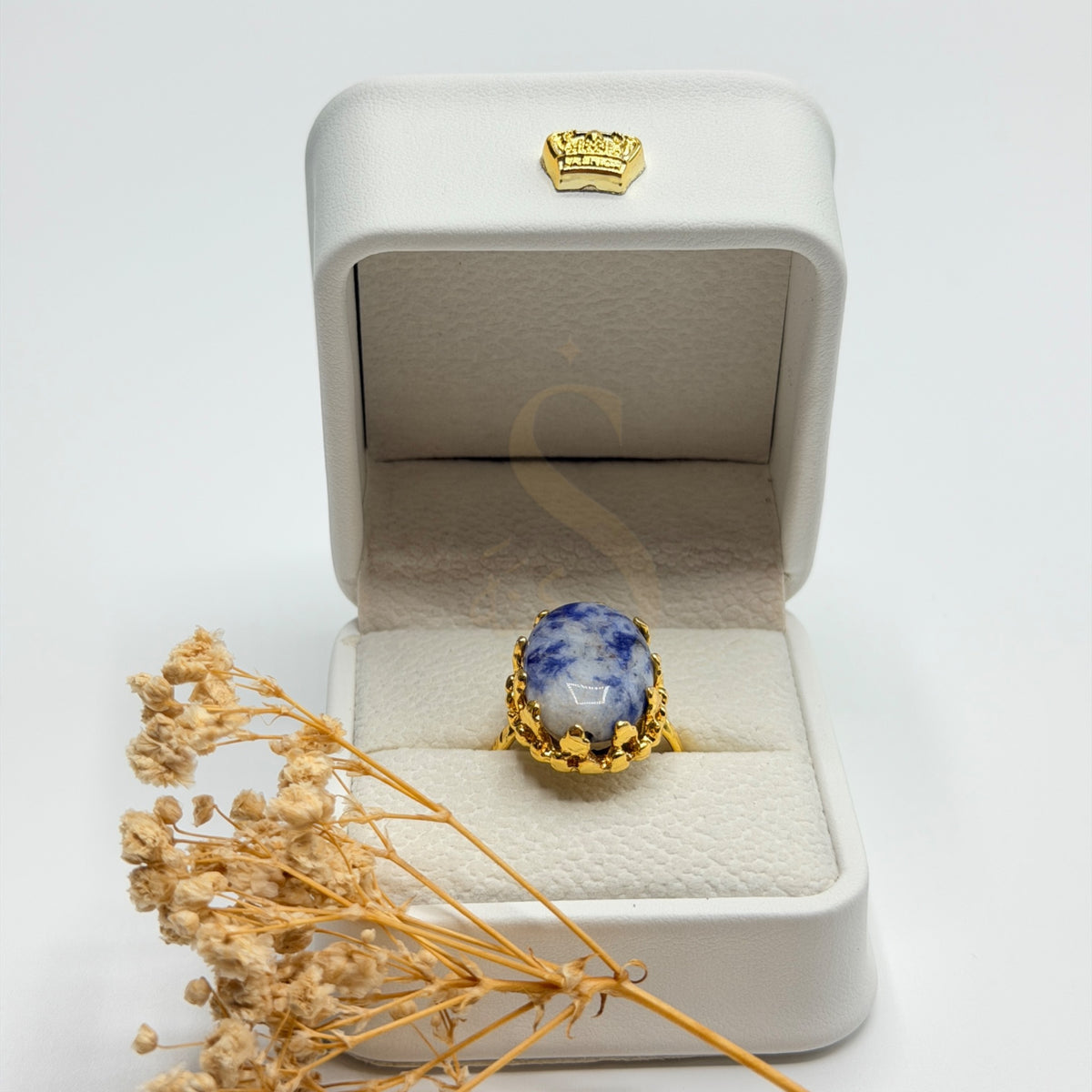 Handmade Natural Blue Sodalite ring presented in a white Sakinah luxury box